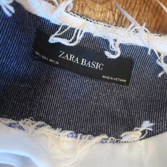 Womens Zara Basic Rustic Blue White Fringe Open Mid-Length Jacket L * - Picture 12 of 13